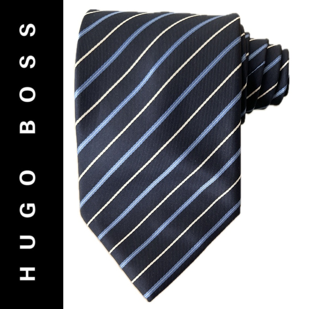 👔Like New Navy—White—Blue Diagonally Striped BOSS HUGO BOSS Neck Tie / Necktie